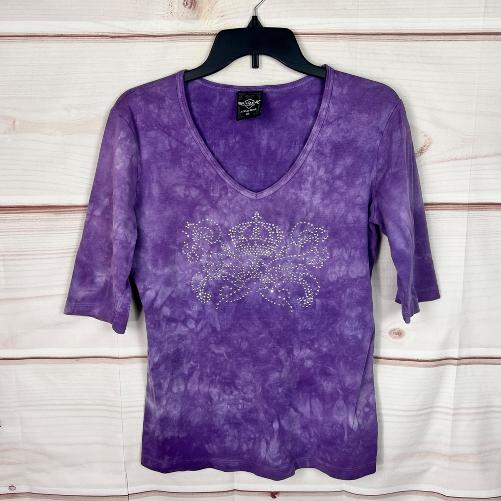 Sledge USA Top Womens XL Purple Tie Dye T-Shirt V-Neck Rhinestones Cotton Slim